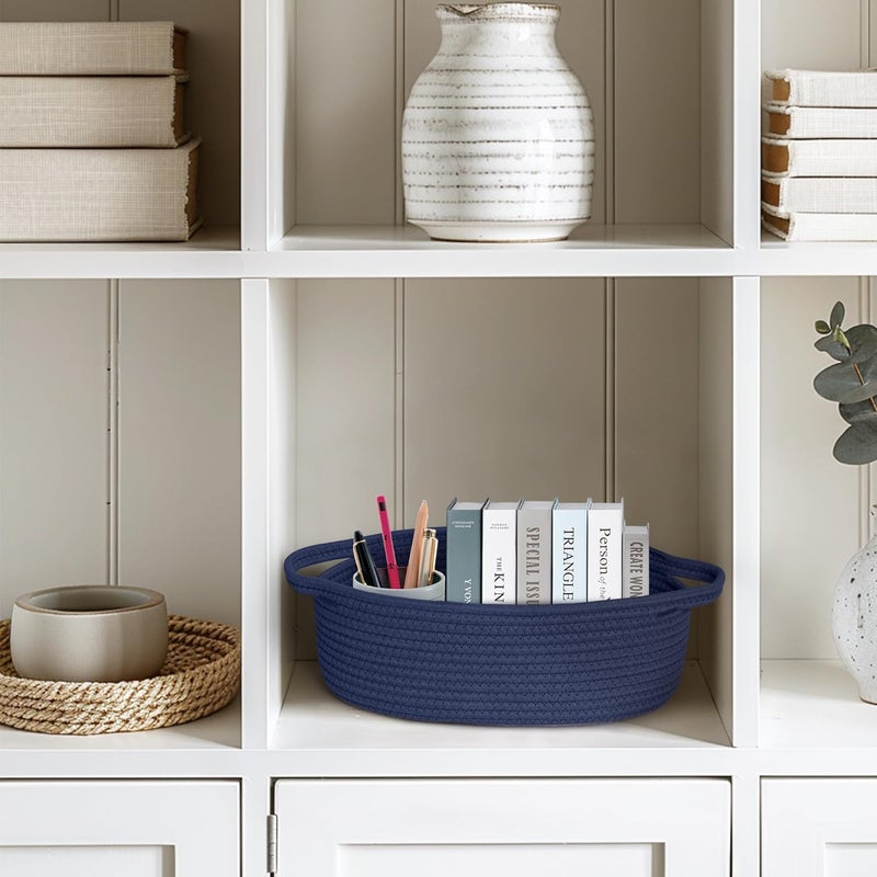 WILLITAT Small Baskets for Gifts Empty, 13"x 9"x 5" Woven Gift Basket with Bag and Ribbon, Cotton Rope Kids Dog Cat Toy Bin Box, Cute Baby Nursery Organizer, Decorative Storage with Handles,Dark Blue - Image 5